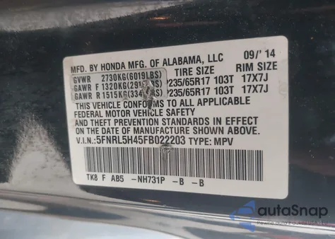 2015 Honda Odyssey Ex from USA, damaged, VIN 5FNRL5H45FB022203